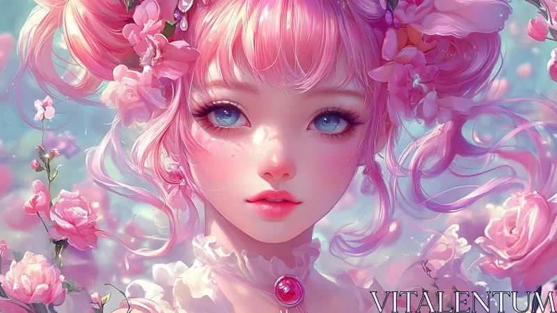 Pastel-haired anime portrait renders ethereal floral symmetry
