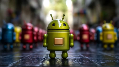 Green toy robot figurine on wet cobblestone street, shallow DOF