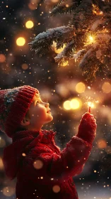 Child in red coat holding sparkler by snowy lit tree.