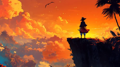 Silhouetted figure stands on cliff edge overlooking orange sky