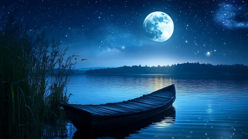 Moonlit wooden boat rests on tranquil nocturnal lakescape