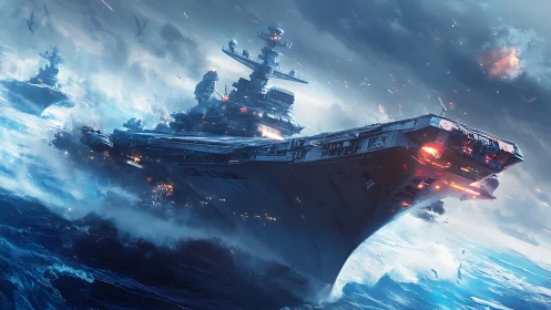 Massive warships advance through turbulent ocean waters