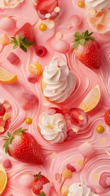 Strawberry citrus dessert swirl in glossy pink cream backdrop.