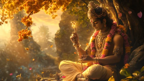 Golden dusk cradles a jeweled god lost in quiet music