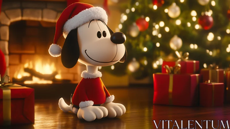 Cheerful cartoon beagle in cozy Christmas living room scene.