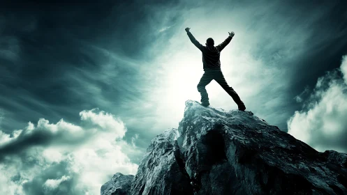 Silhouetted climber stands on jagged summit against backlit sky