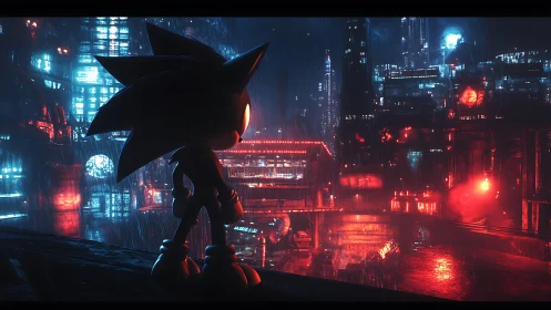 Neon-soaked hedgehog silhouette over cyber-industrial skyline.