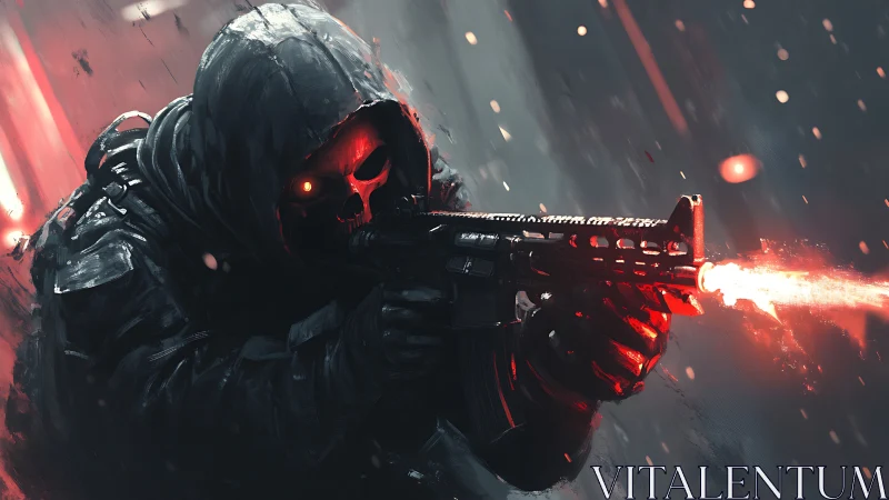 Hooded skull gunman unleashing red muzzle flare in storm.