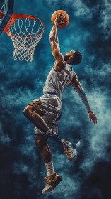 Basketball player soars midair as dramatic clouds frame dunk