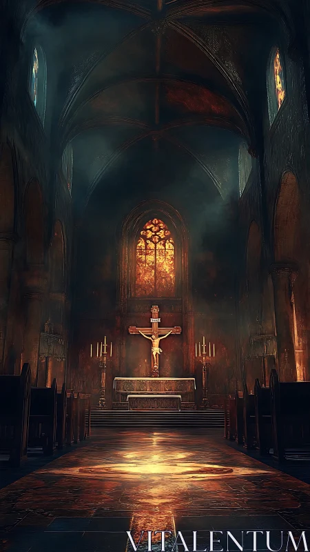 Soft light pours across a quiet cathedral and golden altar