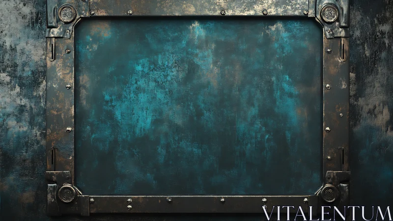 Rectangular metal frame encloses distressed teal panel