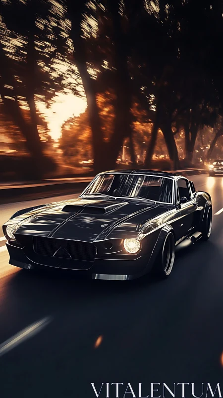 Black classic muscle car speeds through sunlit forest road
