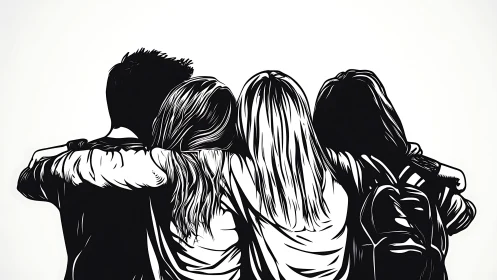 Group of Friends Embracing in Black and White Illustration.