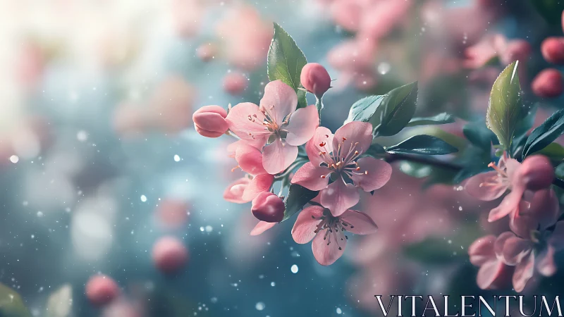 Luminous cherry blossoms suspended in soft-focus bokeh with particle effects.