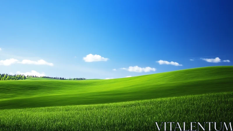 Green rolling grass hills under clear blue daytime sky.