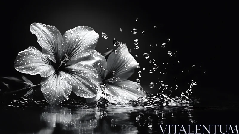 Delicate Petals Meet Cascading Water in Monochrome Drama