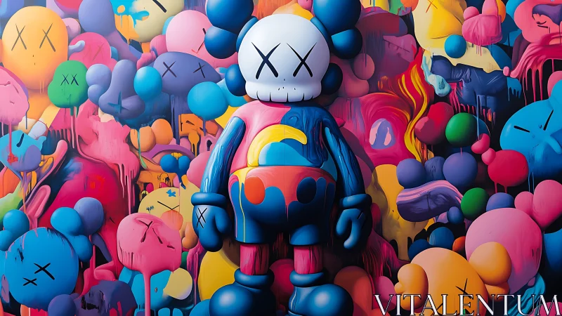 Dripping toy titan adrift in neon bubble graffiti dreams.