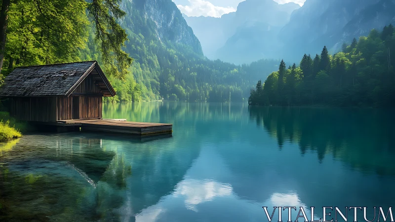 Wooden lakeside boathouse beside forested mountainside lake.
