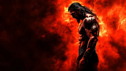 Fiery warrior stands strong against a storm of blazing flames