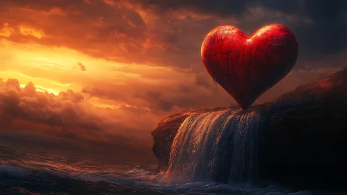 Glowing Red Heart on Cliff at Sunset.