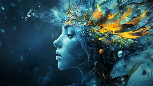 Oceanic spirit portrait radiates swirling molten energy