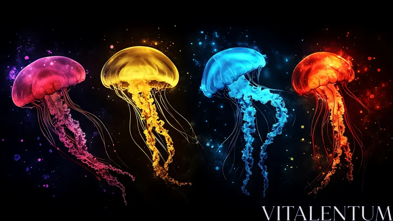 Neon jellyfish drift like glowing comets through cosmic seas