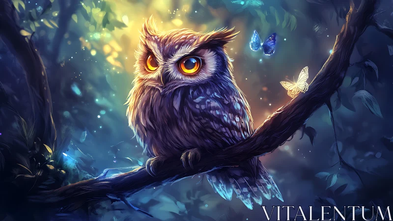 Enchanted owl on a branch in glowing magical forest artwork.