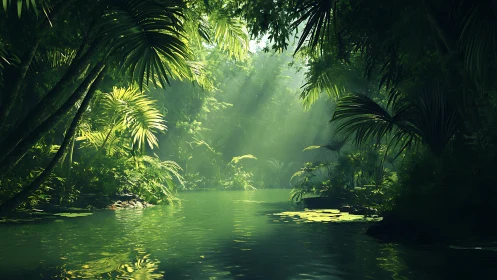 Lush green jungle river under filtered morning sunlight.