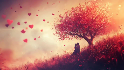 Couple beneath heart-shaped tree with floating hearts in romantic landscape.