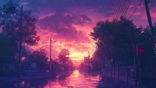 Sunset rain over quiet suburban street with reflections.