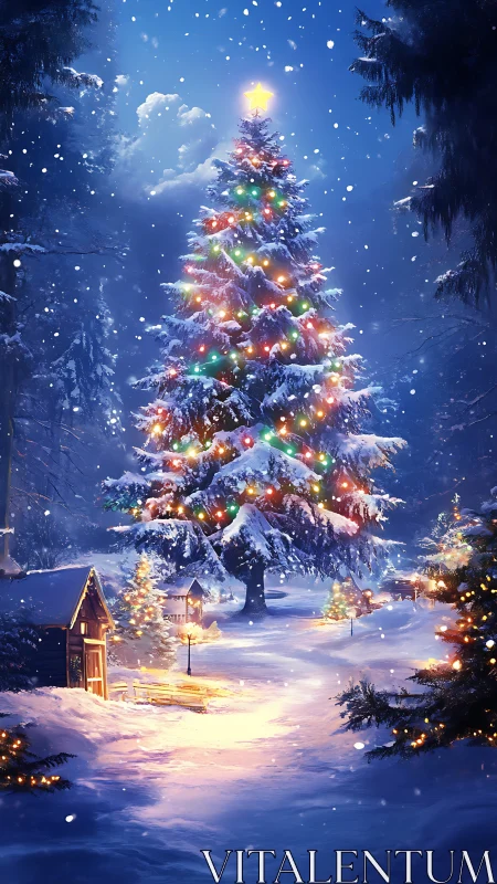 Snow-covered outdoor tree with multicolor festive lighting.