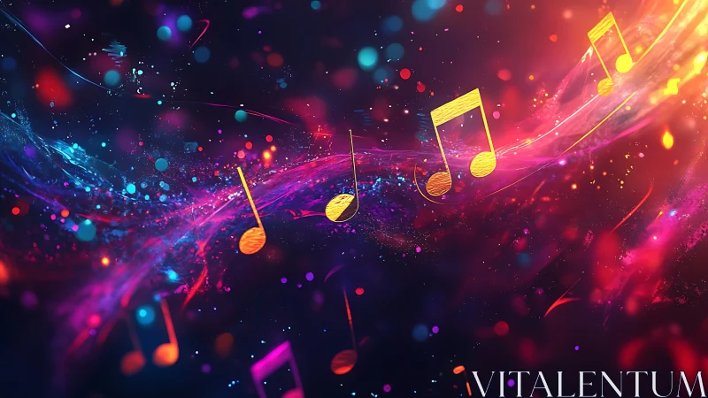 Vibrant neon music notes over swirling cosmic soundscape.