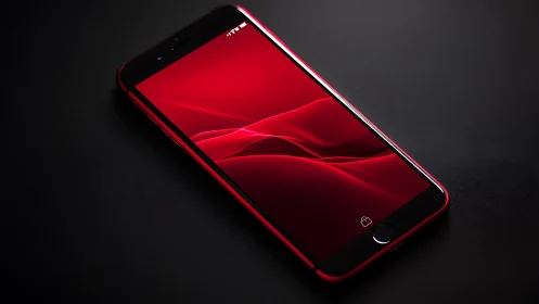 Red smartphone displayed at angle on dark surface with illuminated screen.
