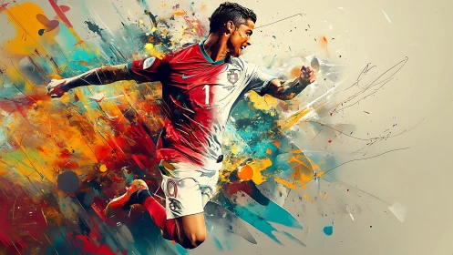 Dynamic digital painting of football player with splatter motion effects