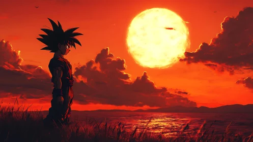 Anime warrior silhouette studies blazing solar sunset horizon