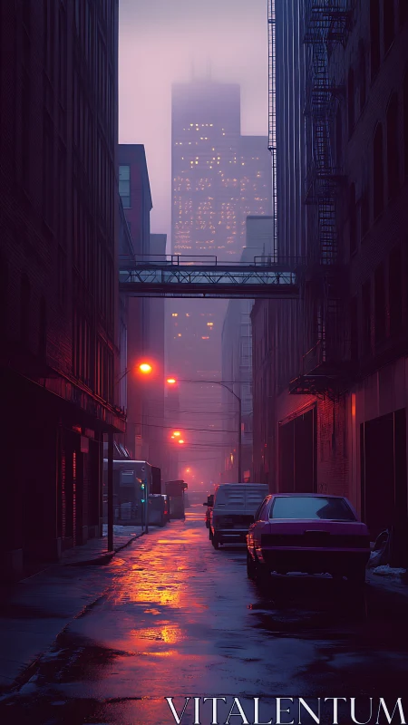 Foggy urban alley with wet street and distant tower.