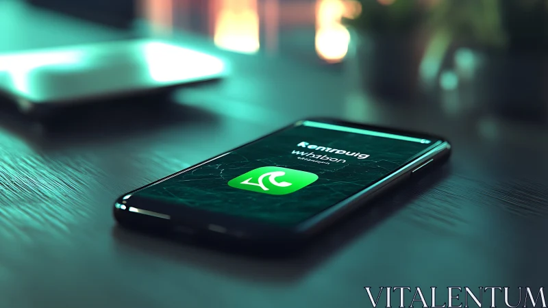 Evening phone call on a softly lit modern desk scene.