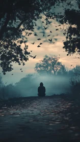 Solitary hooded figure on misty woodland path at dusk