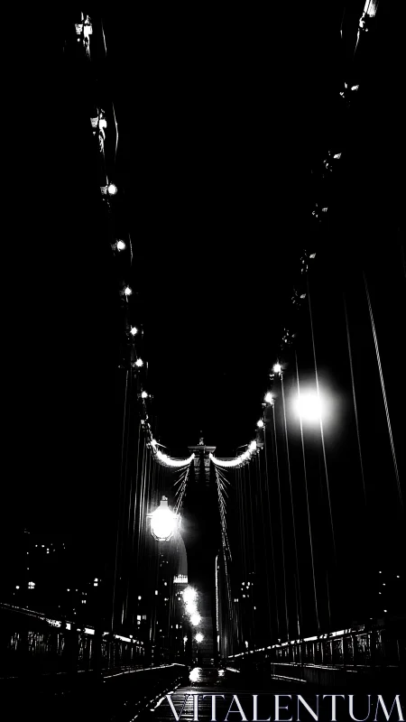 Suspension bridge nightscape with stark streetlight glow.