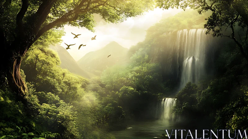 Lush forest valley with cascading waterfalls at sunrise.