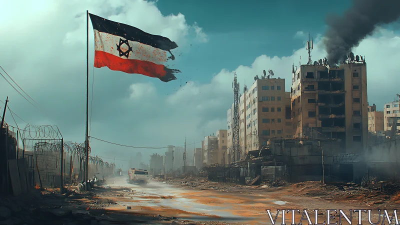 War-torn urban avenue under tattered flag and rising smoke.