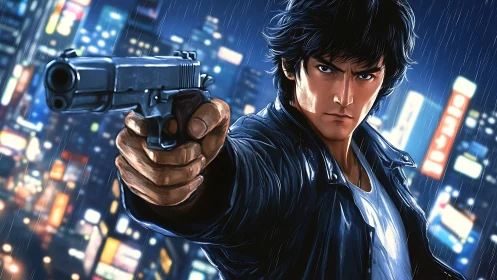 Neo-noir anime gunman aims forward in dynamic rain cityscape