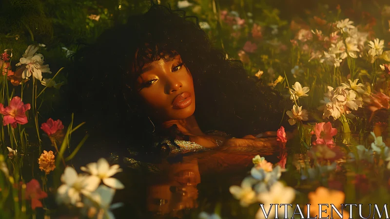 Woman resting in reflective pond surrounded by flowers.