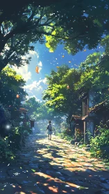 Sunlit village lane where wandering daydreams take root.