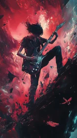 Guitarist ignites a molten sky with roaring electric chords.