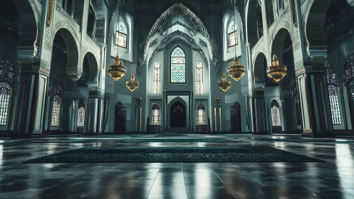 Symmetrical mosque interior with chandeliers and reflective floor.