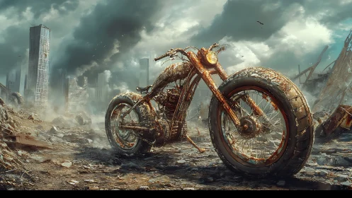 Rusted motorcycle stands in desolate post apocalyptic ruins.