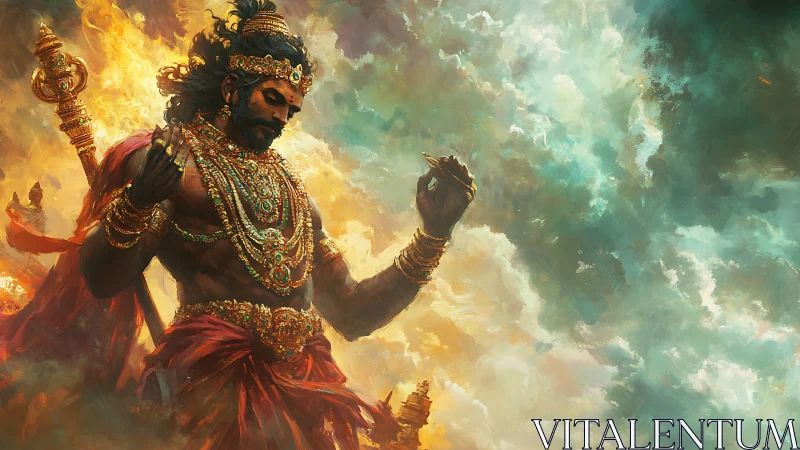 Divine warrior deity in luminous mythic cloudscape digital painting.