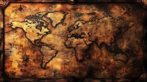 Antique-styled world map with continents and compass roses.