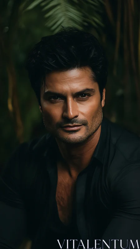 Intense male portrait emerges against lush jungle backdrop